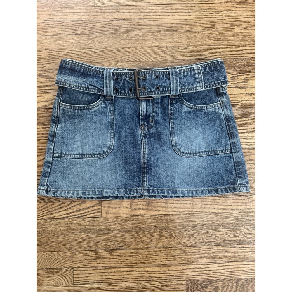 Vintage Y2K LEI Denim Mini Skirt Size 3 Belted Low Rise Cargo Pockets